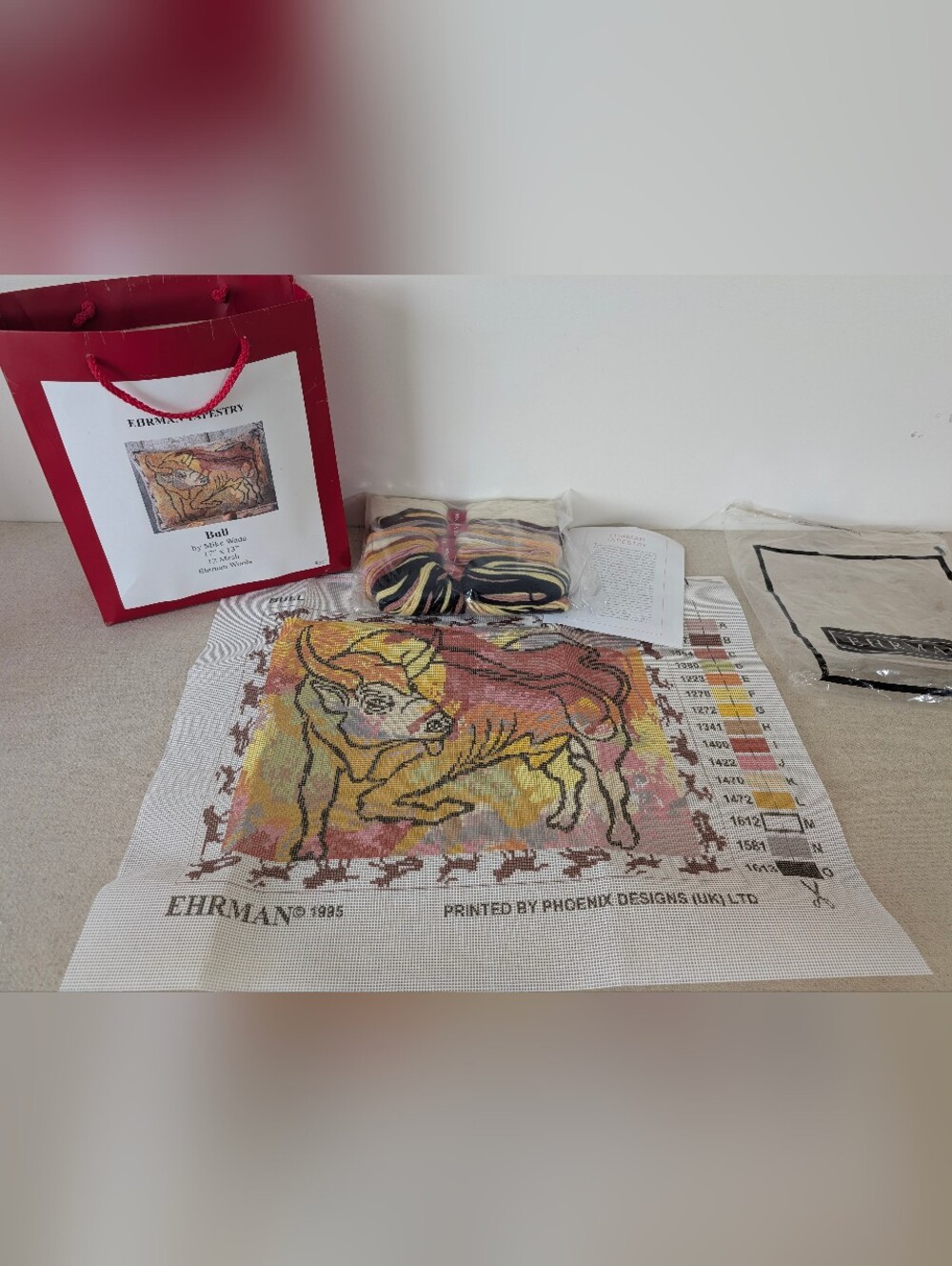 EHRMAN BULL Needlepoint Tapestry Kit Mike Wade 1995 Canvas Wool Yarn 13 x 17